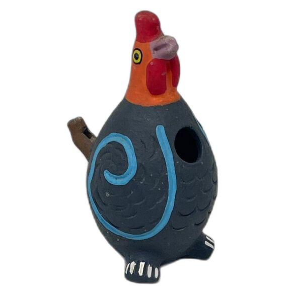 RARE Vintage Black Ceramic Bird Whistle Rooster Hand Painted Peruvian Folk Art - Picture 1 of 6